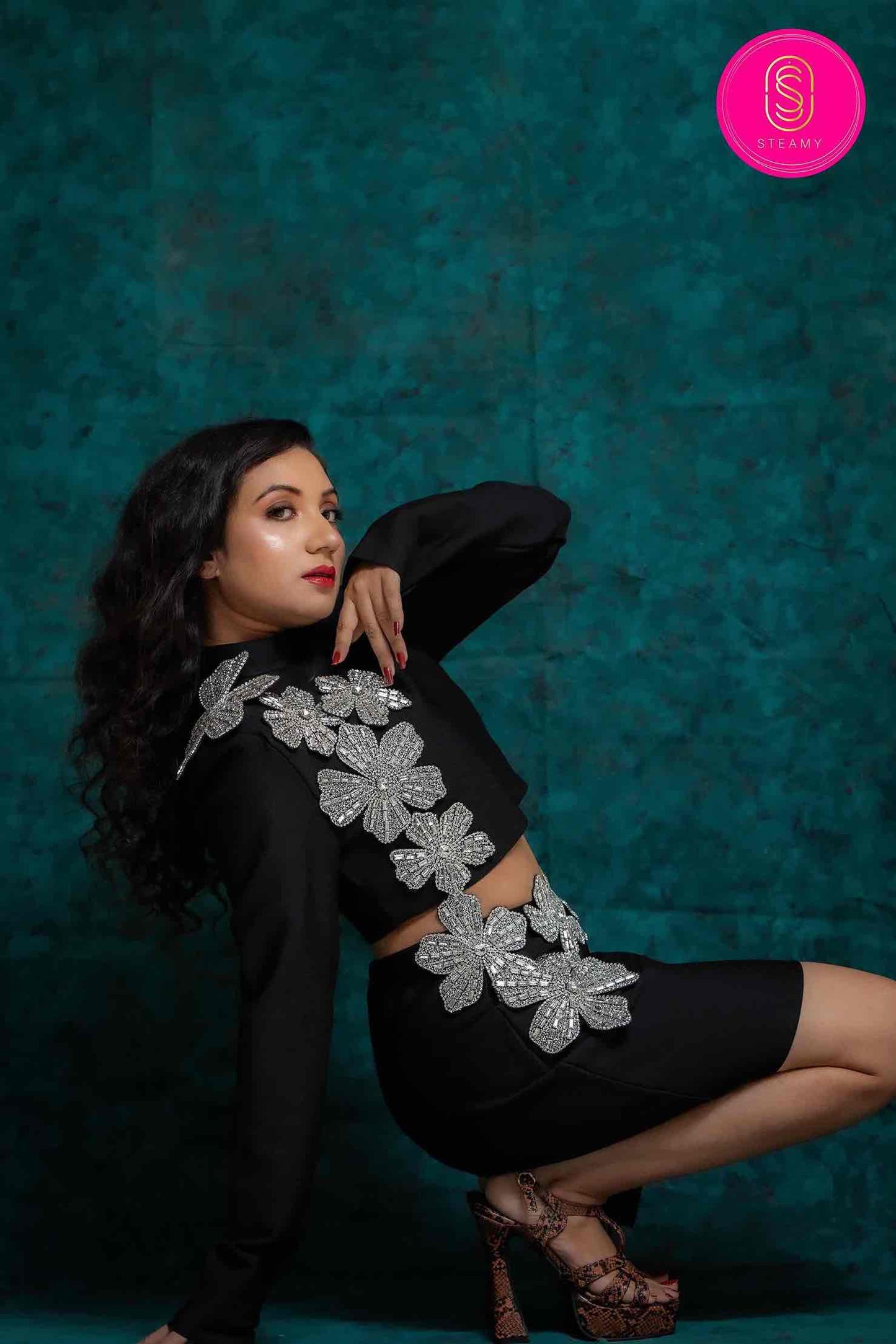 Black Flower Studded Heavy Dress