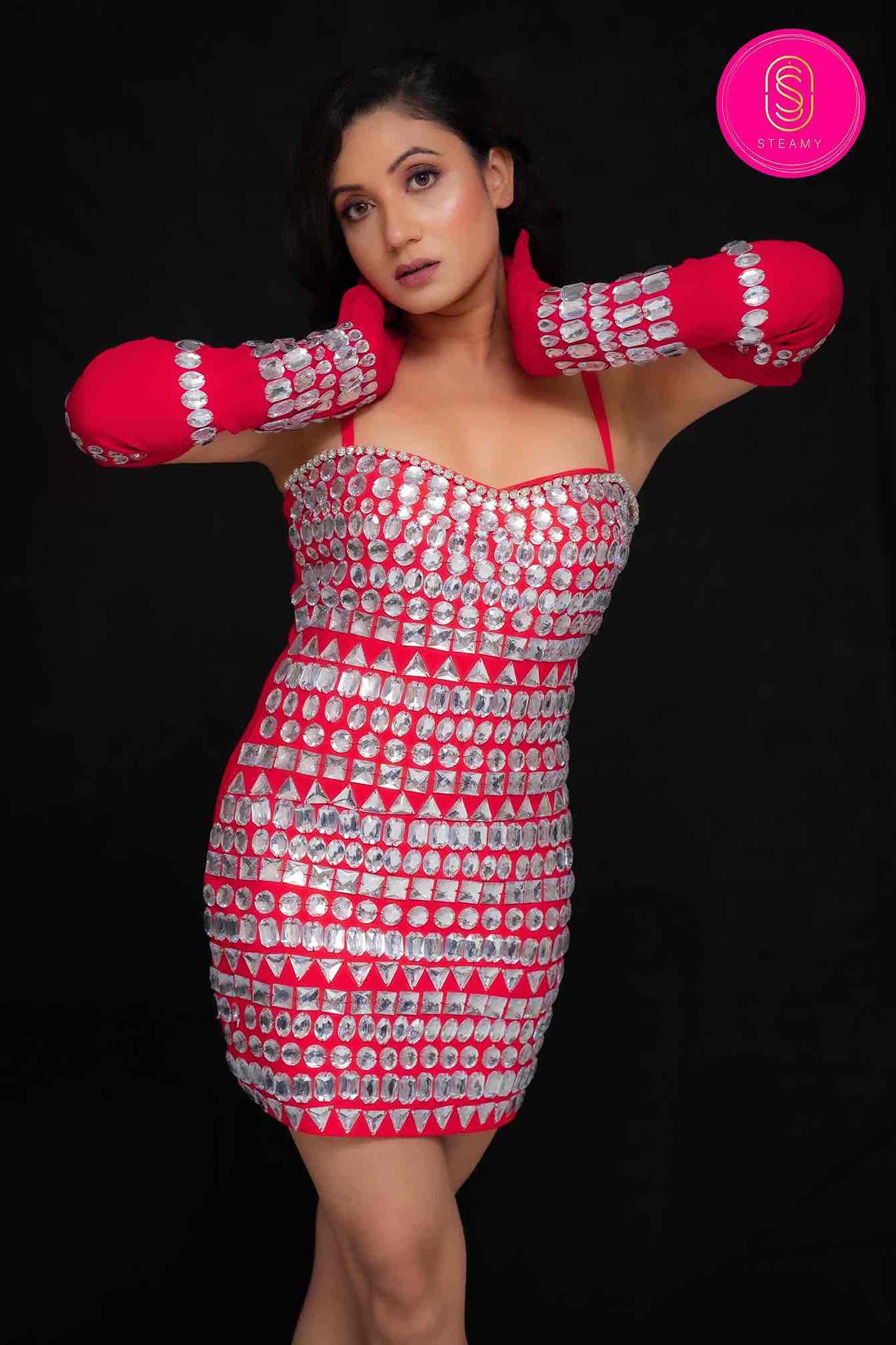 Heavy Red Studded Party Dress