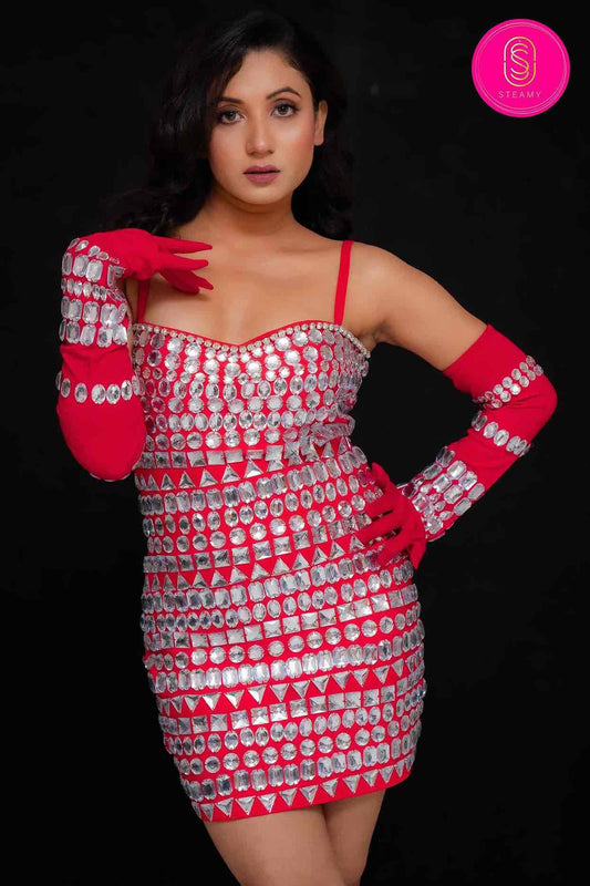 Heavy Red Studded Party Dress