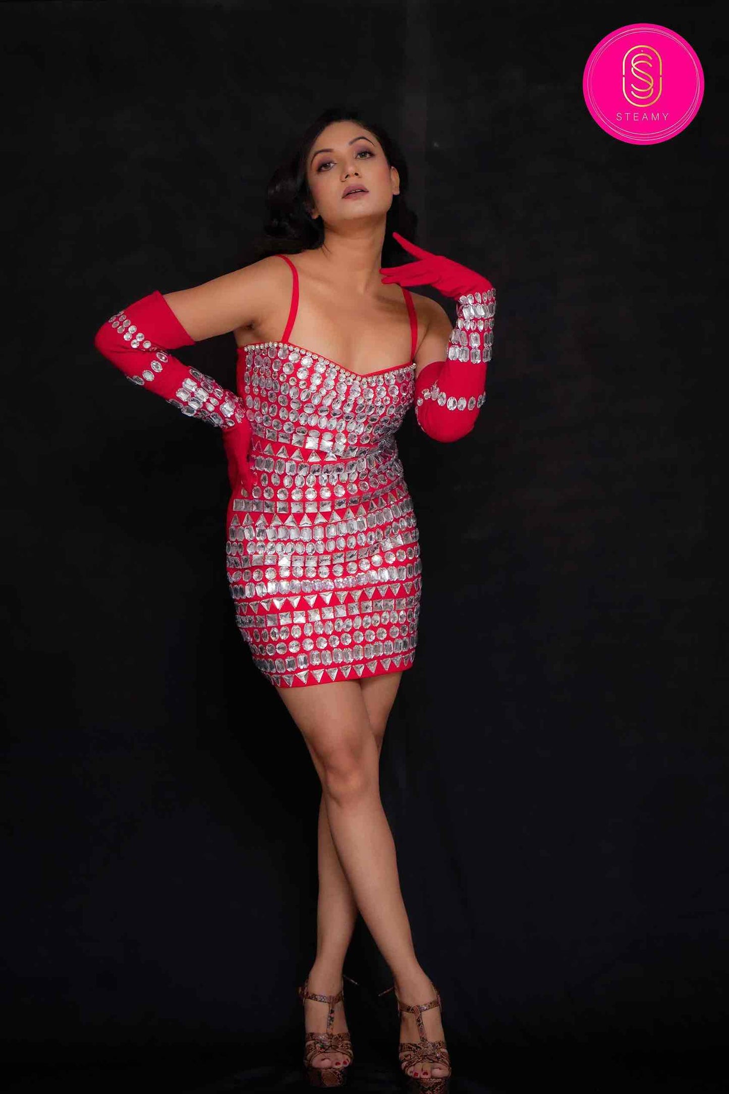 Heavy Red Studded Party Dress